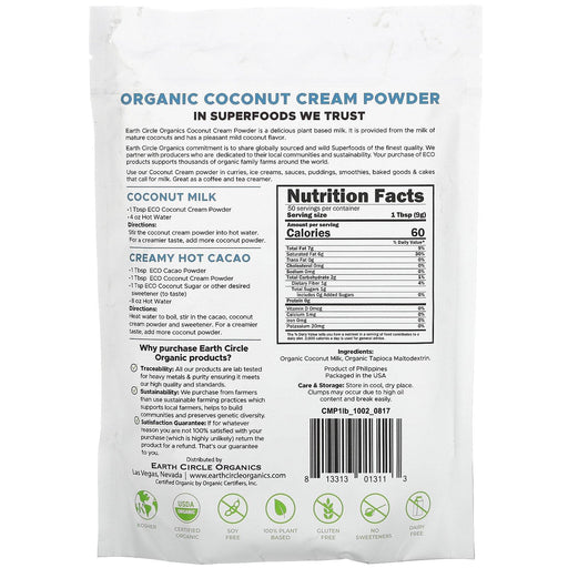 Earth Circle Organics, Organic Coconut Cream Powder, 1 lb (453.4 g) - HealthCentralUSA