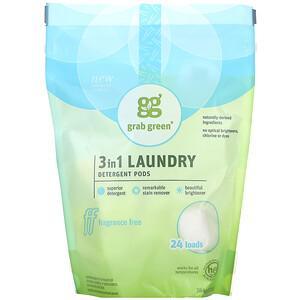 Grab Green, 3-in-1 Laundry Detergent Pods, Fragrance Free, 24 Loads, 13.5 oz (384 g) - HealthCentralUSA