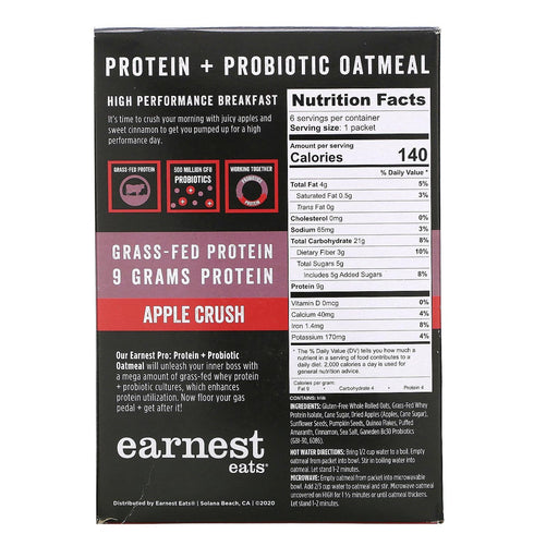 Earnest Eats, Protein & Probiotic Instant Oatmeal, Apple Crush, 6 Packets, 8.47 oz (240 g) - HealthCentralUSA