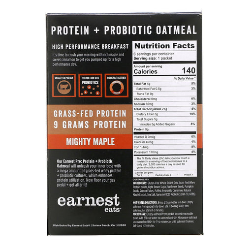 Earnest Eats, Protein & Probiotic Instant Oatmeal, Mighty Maple, 6 Packets, 8.47 oz (240 g) - HealthCentralUSA