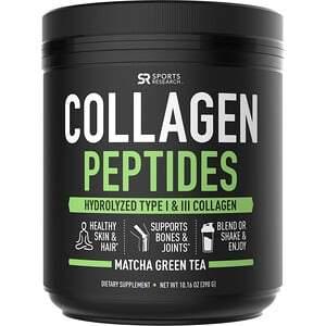 Sports Research, Collagen Peptides, Hydrolyzed Type I & III, Matcha Green Tea, 10.16 oz (288 g) - HealthCentralUSA