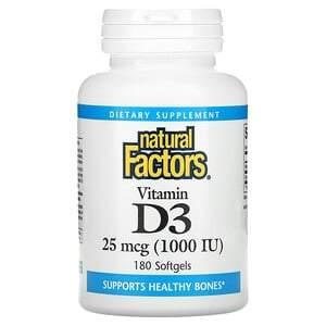 Natural Factors, Vitamin D3, 25 mcg (1,000 IU), 180 Softgels - HealthCentralUSA
