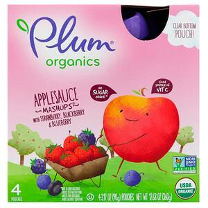 Plum Organics, Organic Applesauce Mashups with Strawberry, Blackberry & Blueberry, 4 Pouches, 3.17 oz (90 g) Each - HealthCentralUSA