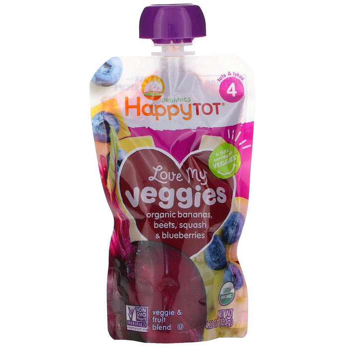 Happy Family Organics, Happy Tot, Stage 4, Love My Veggies, Organic Bananas, Beet, Squash & Blueberries, 4 Pouches, 4.22 oz (120 g) Each - HealthCentralUSA