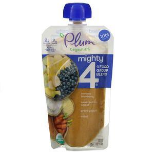 Plum Organics, Mighty 4, 4 Food Group Blend, Tots, Banana, Blueberry, Sweet Potato, Carrot, Greek Yogurt, Millet, 4 oz (113 g) - HealthCentralUSA