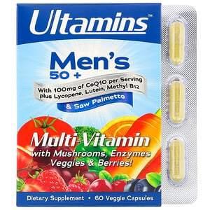 Ultamins, Men's 50+ Multivitamin with CoQ10, Mushrooms, Enzymes, Veggies & Berries, 60 Veggie Capsules - HealthCentralUSA