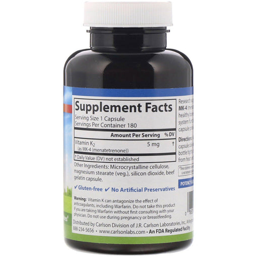 Carlson Labs, Vitamin K2, MK-4 (Menatetrenone), 5 mg, 180 Capsules - HealthCentralUSA