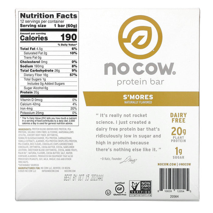 No Cow, Protein Bar, S'mores, 12 Bars, 2.12 oz (60 g) - HealthCentralUSA