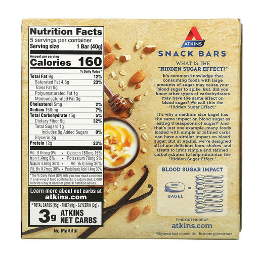 Atkins, Snack, Honey Almond Greek Yogurt Bar, Gluten Free, 5 Bars, 1.41 oz (40 g) Each - HealthCentralUSA