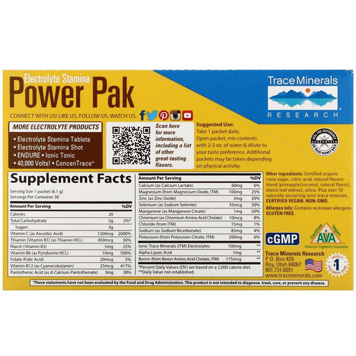 Trace Minerals Research, Electrolyte Stamina Power Pak, Pineapple Coconut, 30 Packets, 0.22 oz (6.1 g) Each - HealthCentralUSA