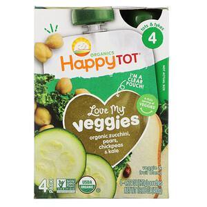 Happy Family Organics, Happy Tot, Stage 4, Love My Veggies, Organic Zucchini, Pears, Chickpeas & Kale, 4 Pouch, 4.22 oz (120 g) Each - HealthCentralUSA