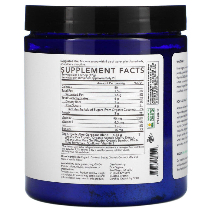 Ora, Aloe Gorgeous, Vegan Collagen-Boosting Powder Supplement, Vanilla , 8.47 oz (240 g) - HealthCentralUSA