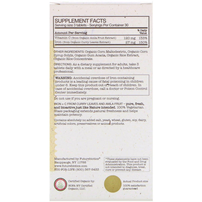 FutureBiotics, Certified Organic Iron + C, 90 Organic Vegetarian Tablets - HealthCentralUSA