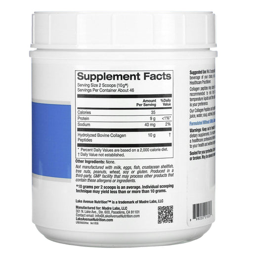 Lake Avenue Nutrition, Hydrolyzed Collagen Peptides, Type I & III, Unflavored, 1.01 lb (460 g) - HealthCentralUSA