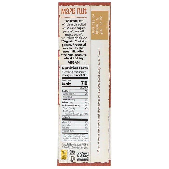 Nature's Path, Organic Instant Oatmeal, Maple Nut, 8 Packets, 14 oz (400 g) - HealthCentralUSA