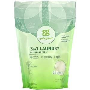 Grab Green, 3 in 1 Laundry Detergent Pods, Vetiver, 24 Loads, 13.5 oz (384 g) - HealthCentralUSA
