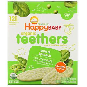 Happy Family Organics, Organic Teethers , Gentle Teething Wafers, Sitting Baby, Pea & Spinach, 12 Packs, 0.14 oz (4 g) Each - HealthCentralUSA