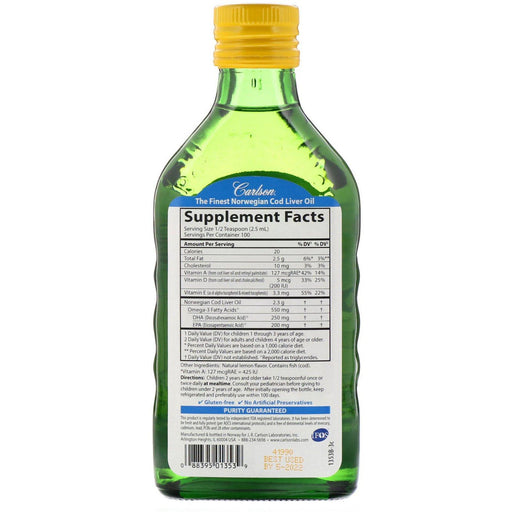 Carlson Labs, Kid's Norwegian, Cod Liver Oil, Natural Lemon Flavor, 8.4 fl oz (250 ml) - HealthCentralUSA