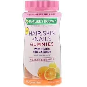 Nature's Bounty, Optimal Solutions, Hair, Skin, & Nails with Biotin and Collagen, Tropical Citrus Flavored, 80 Gummies - HealthCentralUSA