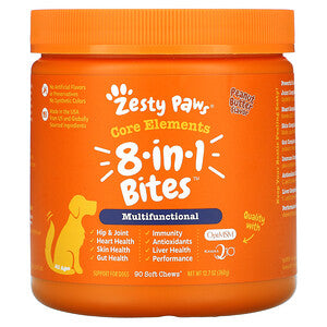 Zesty Paws, Core Elements, 8-in-1 Bites for Dogs, Multifunctional, All Ages, Peanut Butter, 90 Soft Chews