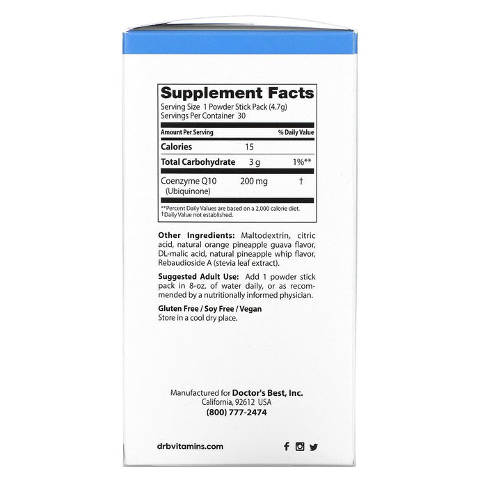 Doctor's Best, High Absorption CoQ10 Powder, Tropical Fruit, 200 mg, 30 Powder Stick Packs, 4.7 g Each - HealthCentralUSA