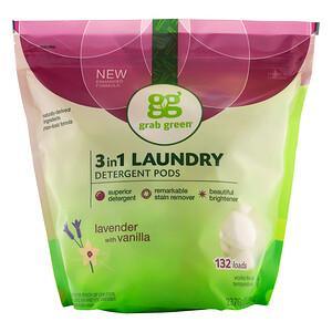 Grab Green, 3-in-1 Laundry Detergent Pods, Lavender,132 Loads, 5lbs, 4oz (2,376 g) - HealthCentralUSA
