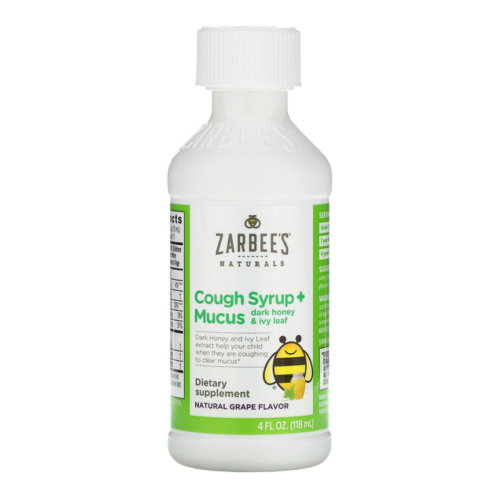 Zarbee's, Children's Cough Syrup + Mucus, Dark Honey & Ivy Leaf, For Children 12 Months+, Natural Grape Flavor, 4 fl oz (118 ml)