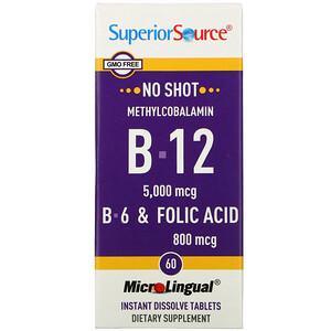 Superior Source, No Shot, Methylcobalamin B-12, B-6 & Folic Acid, 5,000 mcg/800 mcg, 60 MicroLingual Instant Dissolve Tablets - HealthCentralUSA