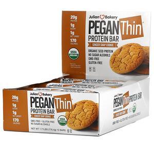Julian Bakery, Pegan Thin Protein Bar, Ginger Snap Cookie, 12 Bars, 2.28 oz (64.7 g) Each - HealthCentralUSA