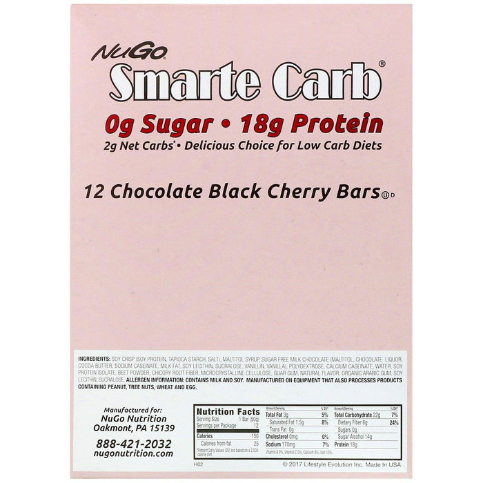NuGo Nutrition, Smarte Carb Bar, Chocolate Black Cherry, 12 Bars, 1.76 oz (50 g) Each - HealthCentralUSA
