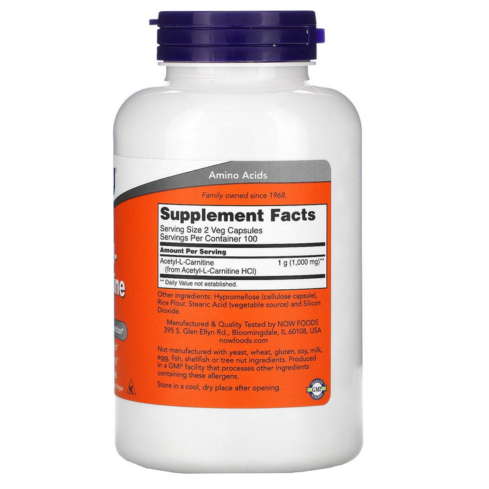 Now Foods, Acetyl-L-Carnitine, 500 mg, 200 Veg Capsules - HealthCentralUSA