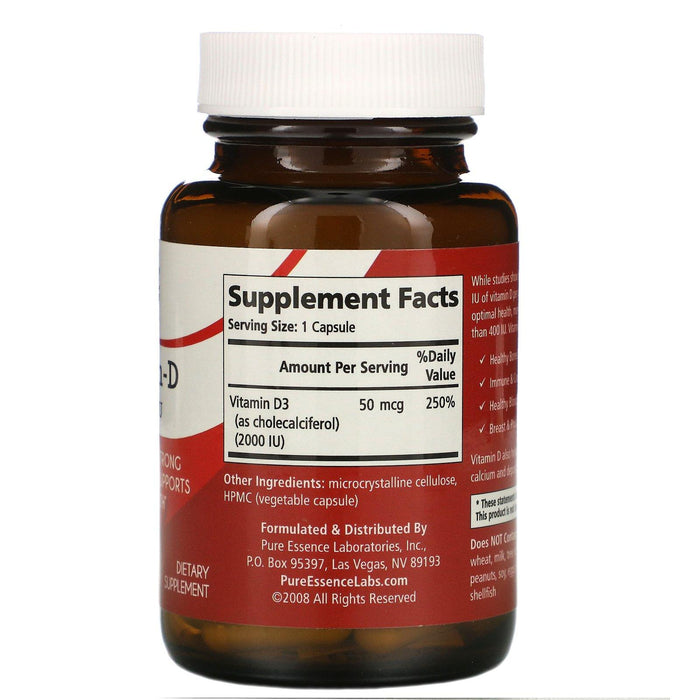Pure Essence, Vitamin-D, 2,000 IU, 30 Vegi-Caps - HealthCentralUSA