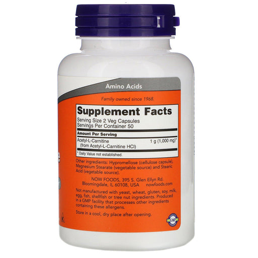 Now Foods, Acetyl-L-Carnitine, 500 mg, 100 Veg Capsules - HealthCentralUSA