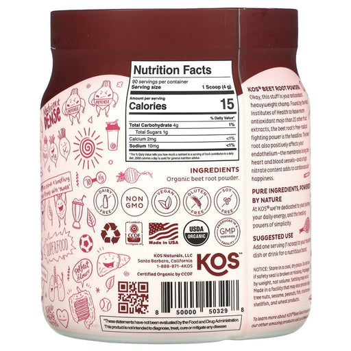 KOS, Organic Beet Root Powder, 12.7 oz (360 g) - HealthCentralUSA