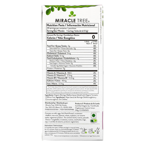 Miracle Tree, Moringa Organic Superfood Tea, Turmeric, Caffeine Free, 25 Tea Bags, 1.32 oz (37.5 g) - HealthCentralUSA