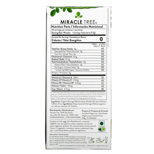 Miracle Tree, Moringa Organic Superfood Tea, Honey & Vanilla, Caffeine Free, 25 Tea Bags, 1.32 oz (37.5 g) - HealthCentralUSA