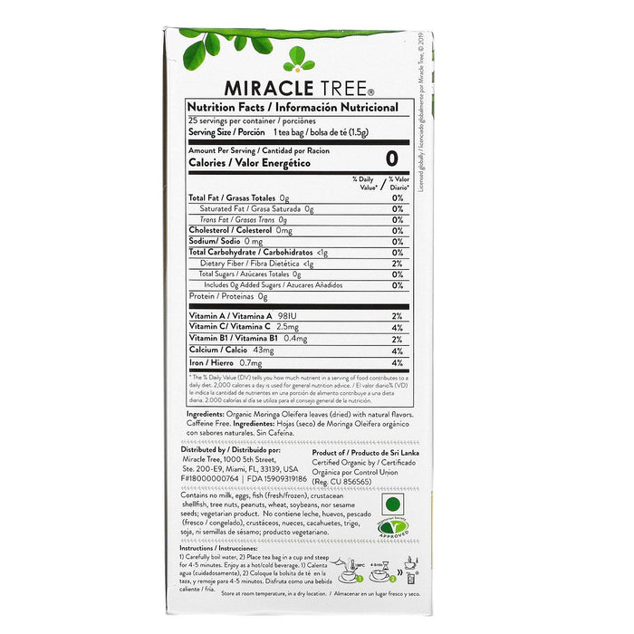 Miracle Tree, Moringa Organic Superfood Tea, Lemon, Caffeine Free, 25 Tea Bags, 1.32 oz (37.5 g) - HealthCentralUSA