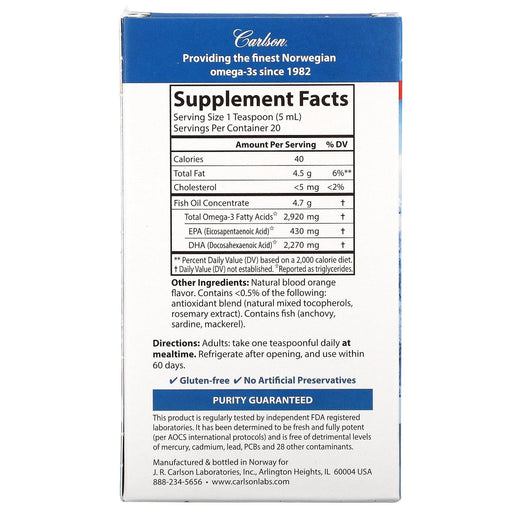 Carlson Labs, Elite DHA, Natural Orange, 2,270 mg, 3.3 fl oz (100 ml) - HealthCentralUSA