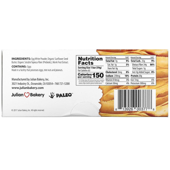 Julian Bakery, Paleo Thin Protein Bar, Pure Sunflower Butter, 12 Bars, 2.08 oz (59 g) Each - HealthCentralUSA