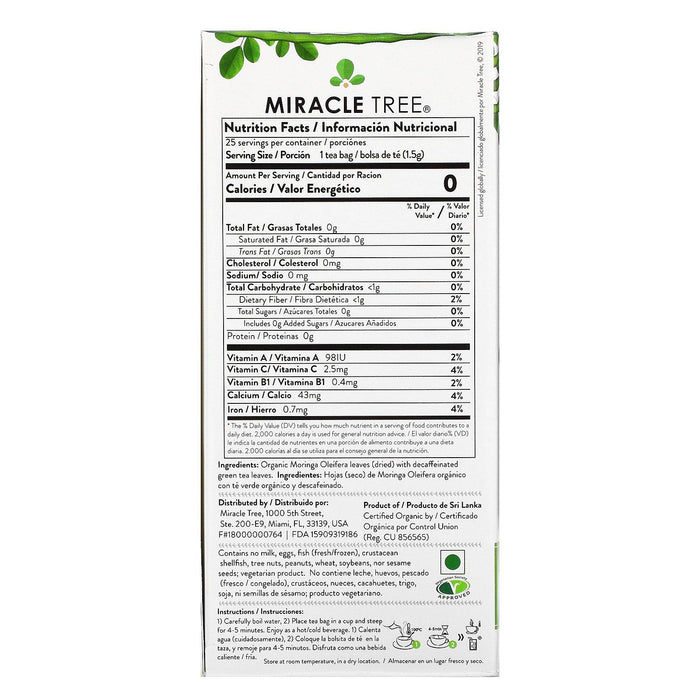 Miracle Tree, Moringa Organic Superfood Tea, Green Tea, Decaffeinated, 25 Tea Bags, 1.32 oz (37.5 g) - HealthCentralUSA