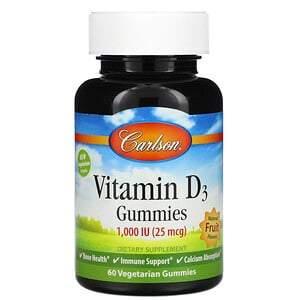 Carlson Labs, Vitamin D3 Gummies, Natural Fruit Flavors, 25 mcg (1,000 IU), 60 Gummies - HealthCentralUSA