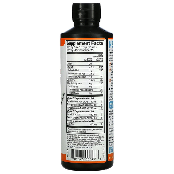 Barlean's, Total Omega 3 · 6 · 9, Orange Creme, 2,400 mg, 16 oz (454 g) - HealthCentralUSA