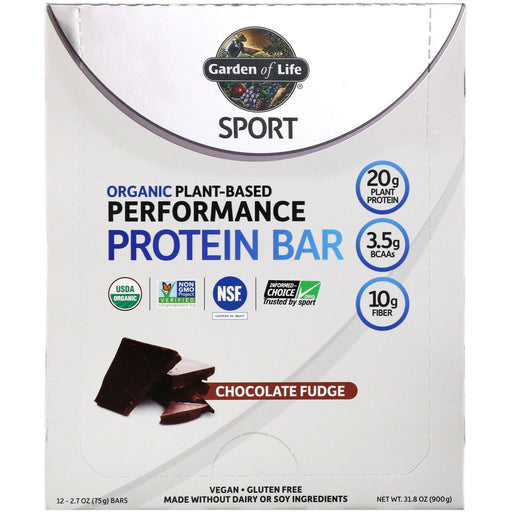 Garden of Life, Sport, Organic Plant-Based Performance Protein Bar, Chocolate Fudge, 12 Bars, 2.7 oz (75 g) Each - HealthCentralUSA