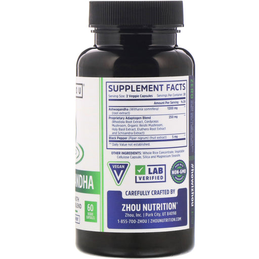 Zhou Nutrition, Ashwagandha, Max Strength, 1200 mg, 60 Veggie Capsules - HealthCentralUSA