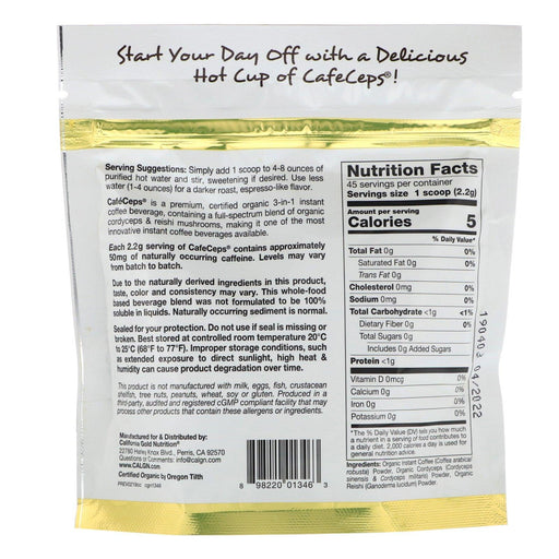California Gold Nutrition, CafeCeps, Certified Organic Instant Coffee with Cordyceps and Reishi Mushroom Powder, 3.52 oz (100 g) - HealthCentralUSA