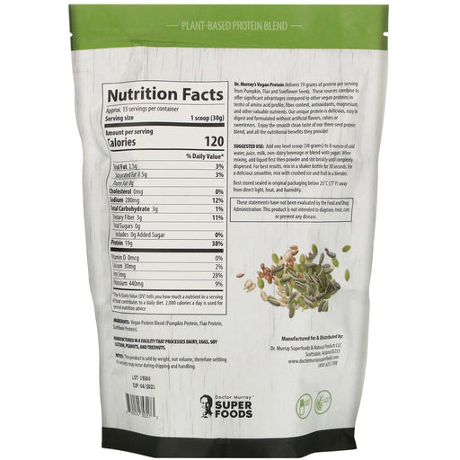 Dr. Murray's, Super Foods, 3 Seed Vegan Protein Powder, Unflavored, 16 oz (453.5 g) - HealthCentralUSA