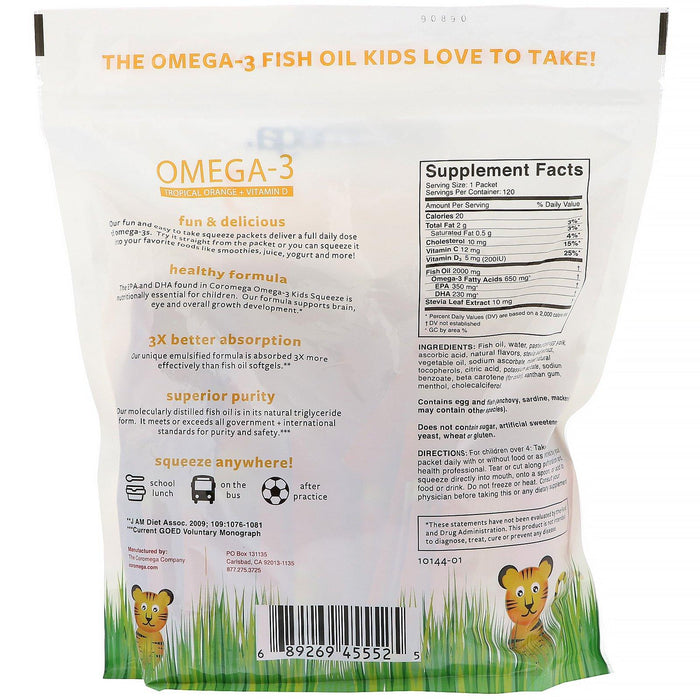 Coromega, Omega-3, Kids, Tropical Orange + Vitamin D, 120 Single Serving Squeeze Shots - HealthCentralUSA