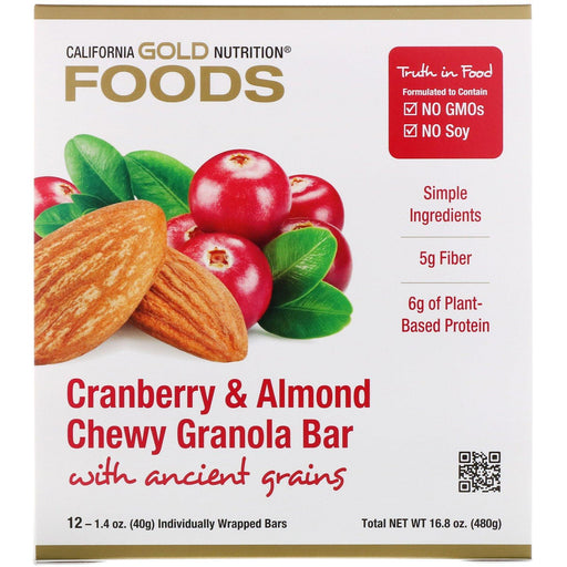 California Gold Nutrition, Foods, Cranberry & Almond Chewy Granola Bars, 12 Bars, 1.4 oz (40 g) Each - HealthCentralUSA