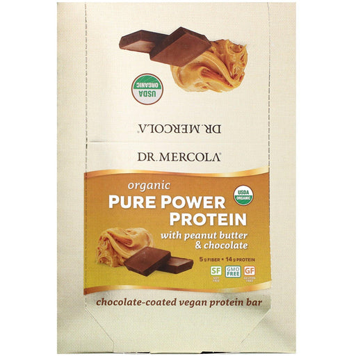 Dr. Mercola, Organic Pure Power Protein Bar, Peanut Butter & Chocolate, 12 Bars, 1.83 oz (52 g) Each - HealthCentralUSA