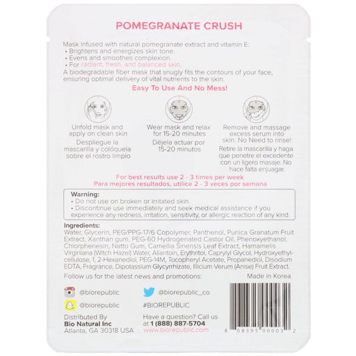 BioRepublic Skincare, Pomegranate Crush, Illuminating Fiber Beauty Sheet Mask, 1 Sheet, 0.63 oz (18 ml) - HealthCentralUSA